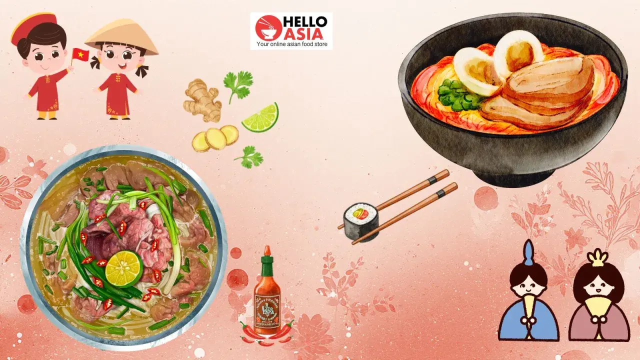 Unterschied Pho und Ramen: Eine Schüssel Pho mit Rindfleisch und Limette neben einer Schüssel Ramen mit Schweinefleisch und Ei.