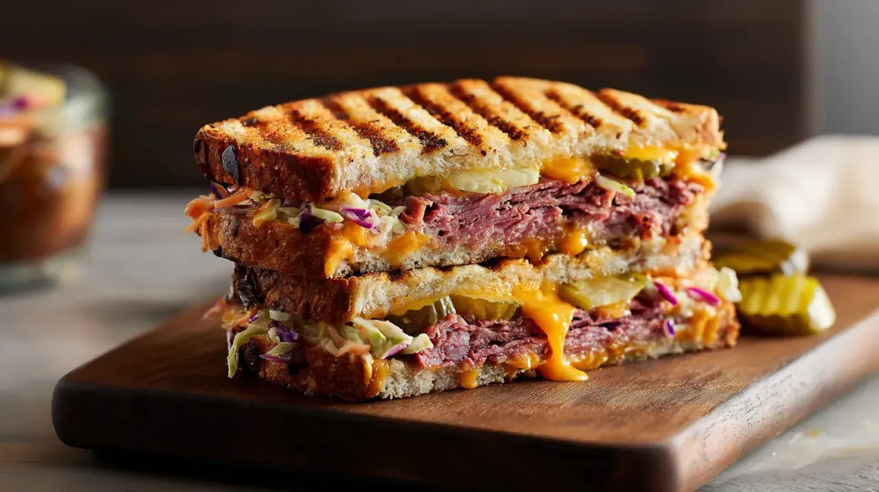 Ein saftiges Pastrami-Sandwich mit geschmolzenem Käse, knackigem Krautsalat und Gurkenscheiben auf geröstetem Brot.