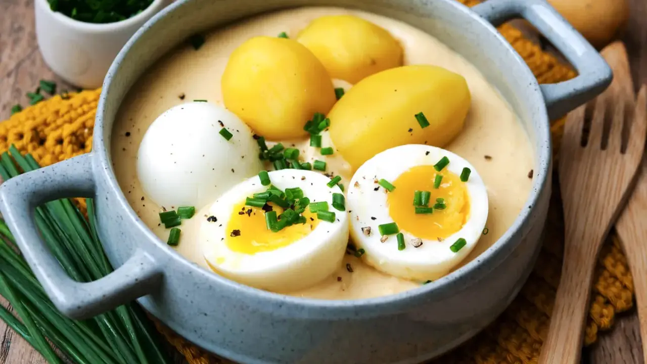 Senfeier rezept: Herzhaftes Gericht mit pochierten Eiern, Kartoffeln und cremiger Senfsauce, garniert mit Schnittlauch.