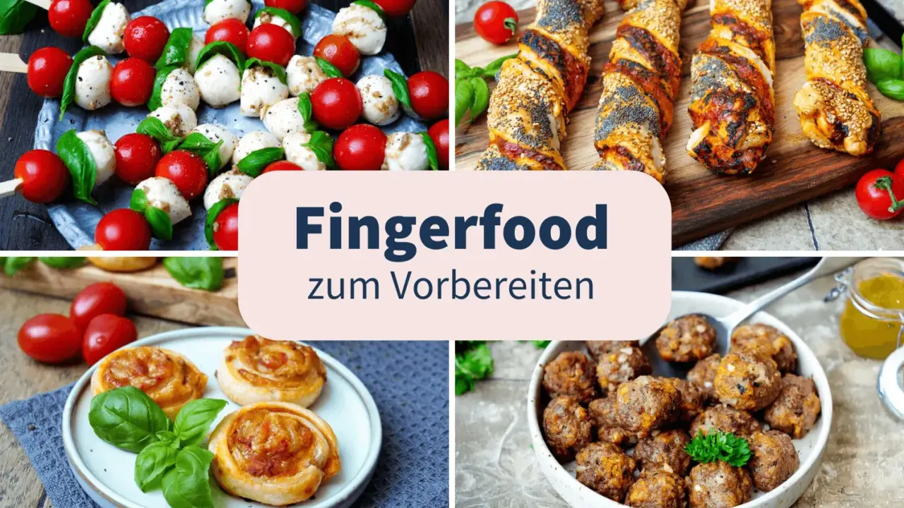 Vier Arten von schnellem Fingerfood: Caprese-Spieße, herzhafte Teigschnecken, Hackbällchen und Blätterteigstangen mit Mohn und Sesam.