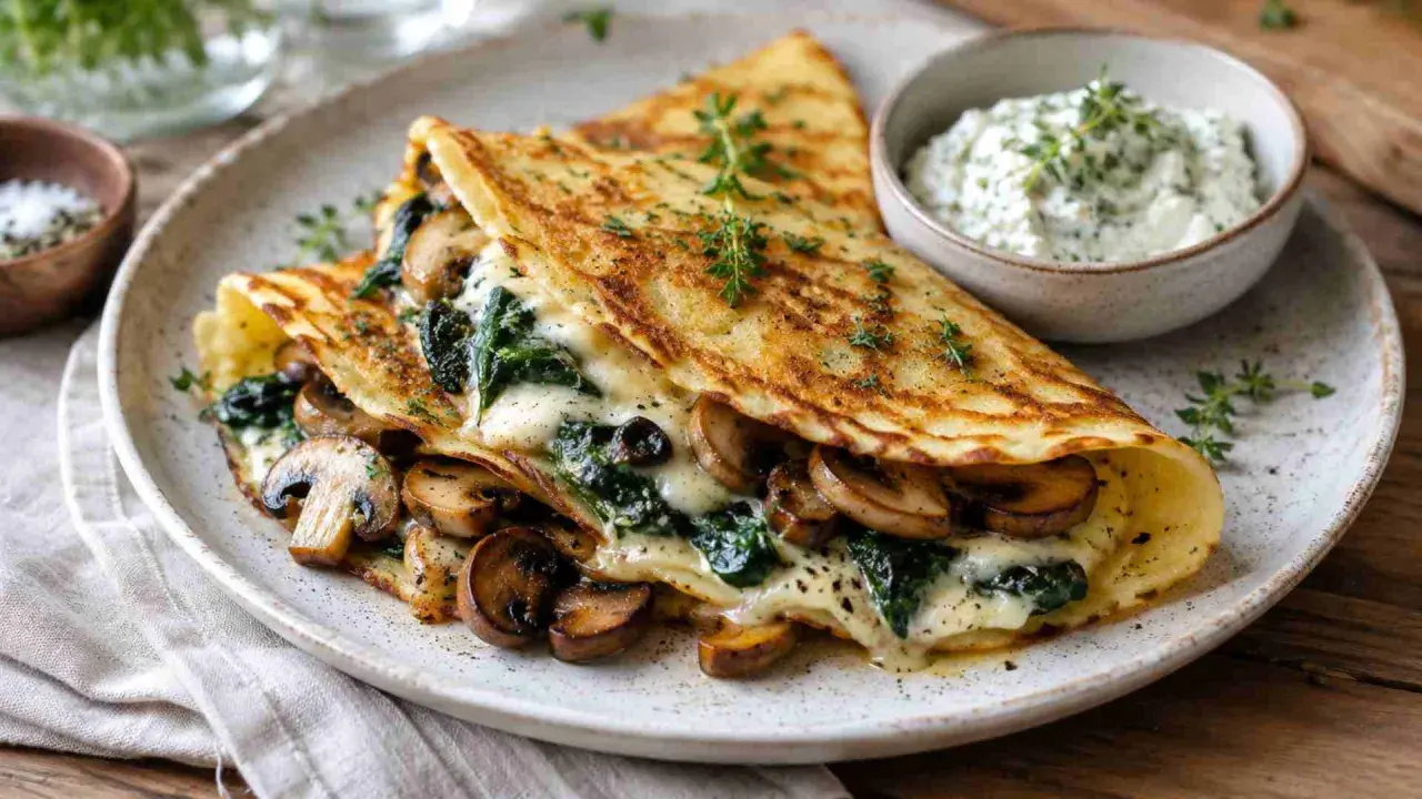 Herzhafte Pfannkuchen gefüllt mit Pilzen und Spinat, überbacken mit Käse, serviert mit Kräuterquark.
