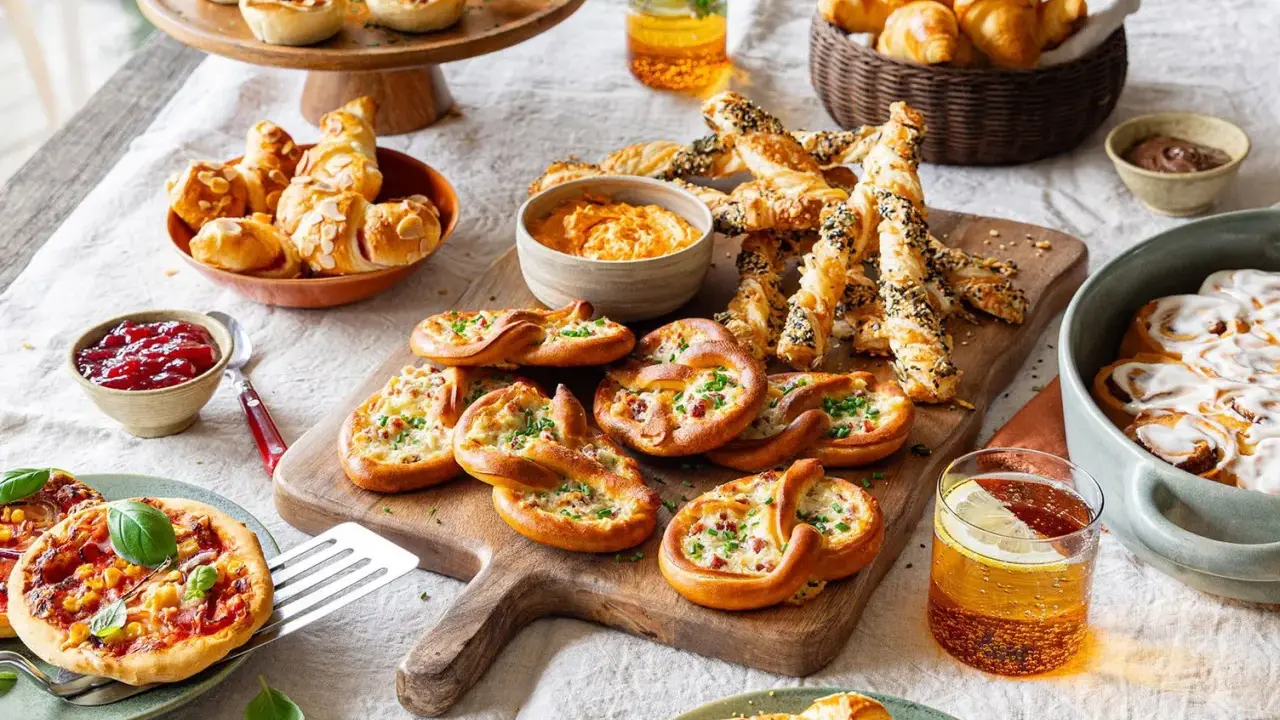 Herzhafte Snacks: Brezeln mit Käse und Speck, Mini-Pizzen, Blätterteigstangen und kleine Quiches laden zum Genießen ein.