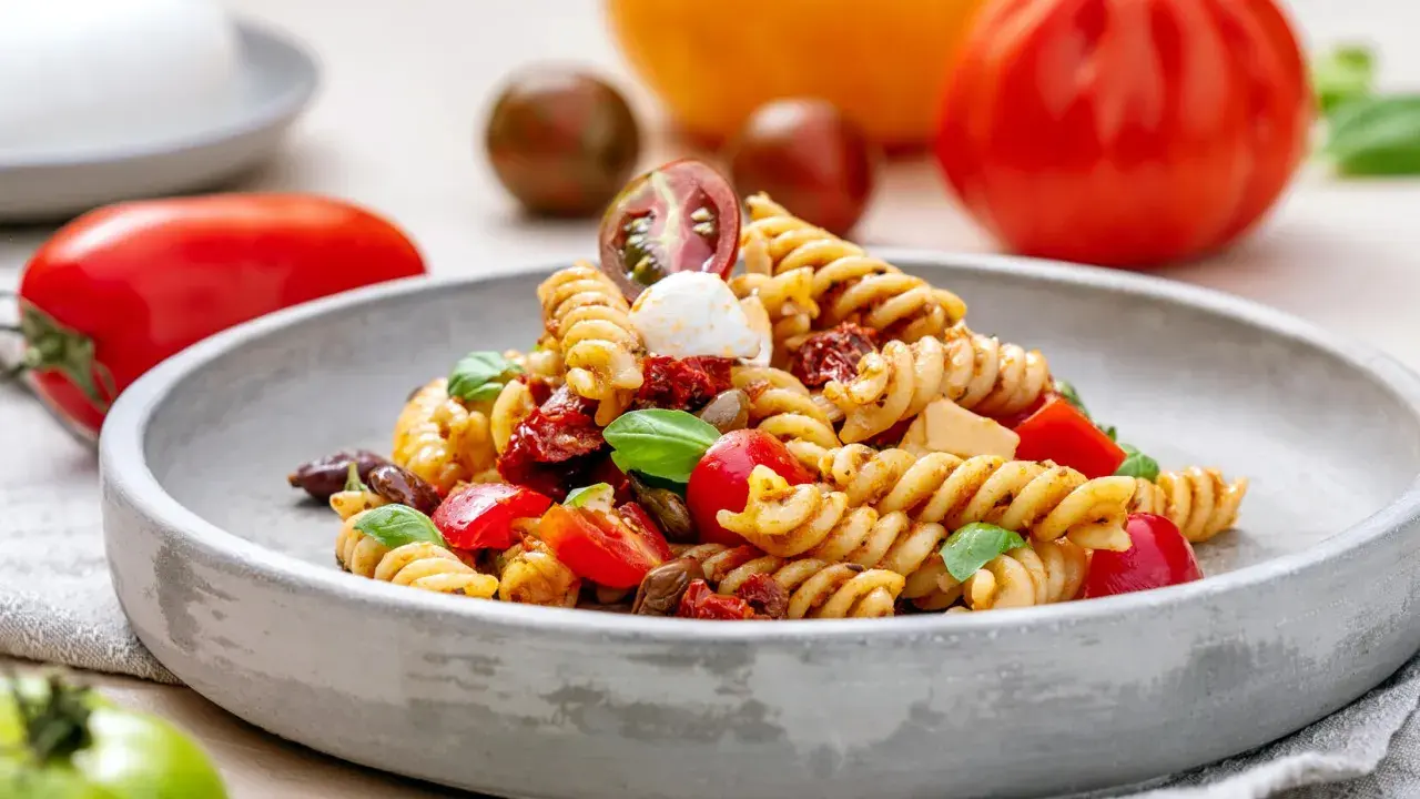 Ein köstlicher italienischer Nudelsalat mit Fusilli, Tomaten, Mozzarella und Basilikum auf einem grauen Teller, umgeben von frischen Tomaten.