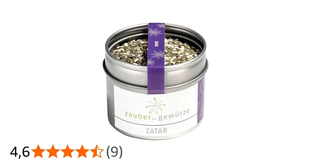 Dose mit Gewürzmischung Zatar, die aus Kräutern und Samen besteht.