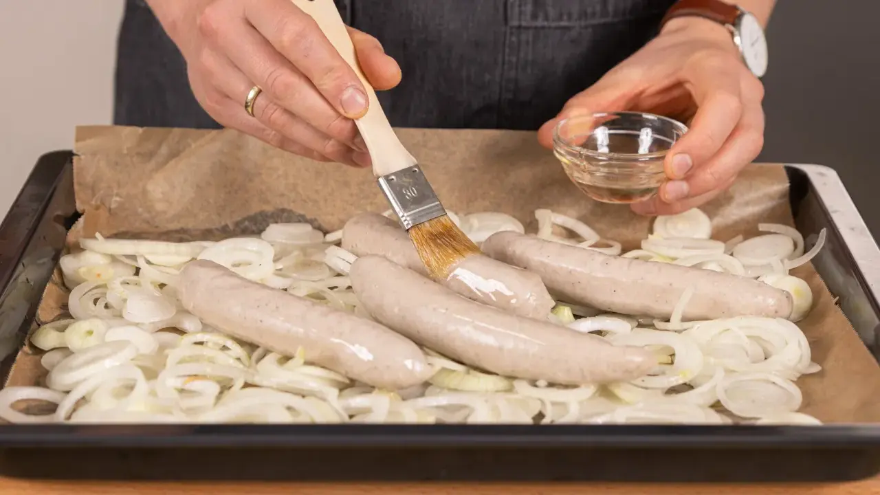 Bratwurst im Backofen: Zwiebelringe auf Blech, darauf vier Würste. Mit Pinsel wird eine Wurst mit Flüssigkeit bestrichen.