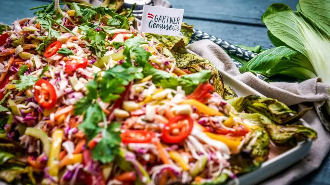 Bunter asia salat mit knackigem Gemüse, Koriander und Chili. Ein Fest für die Sinne!