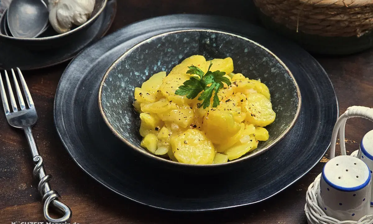 Ein köstlicher Kartoffelsalat, perfekt für jedes Kartoffelsalat Rezept. Mit frischer Petersilie garniert, wartet er darauf, genossen zu werden.