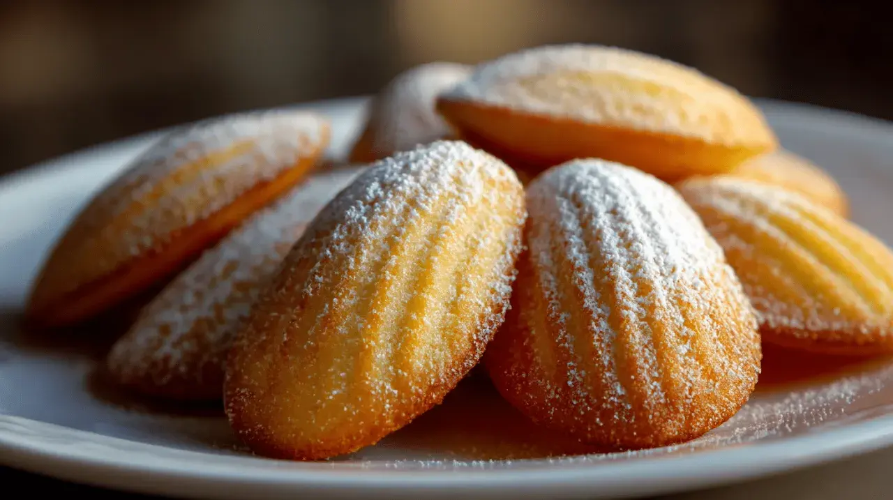 Ein Haufen goldbrauner Madeleines, bestäubt mit Puderzucker. Diese sehen aus wie die besten Madeleines, die man je probiert hat.