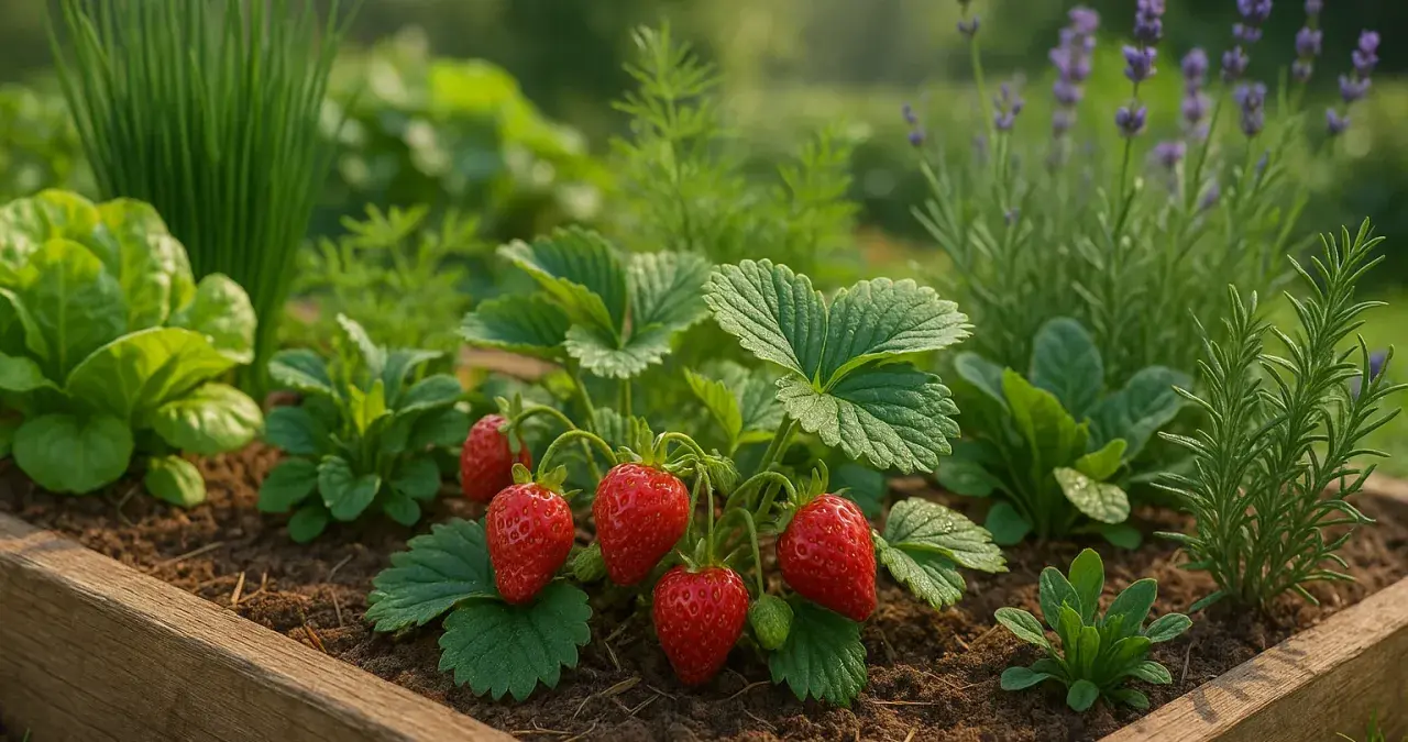 Reife Erdbeeren im Beet, umgeben von Salat, Kräutern und Lavendel. Was passt zu Erdbeeren? Vieles, aber am besten schmecken sie frisch vom Feld!