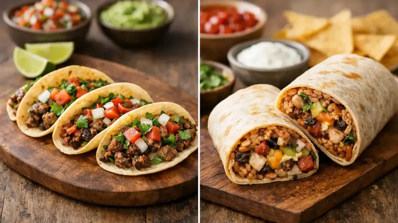 Links: Tacos mit Hackfleisch, Tomaten, Zwiebeln und Koriander. Rechts: Ein Burrito, gefüllt mit Reis, Bohnen und Fleisch. Der fajitas burrito unterschied ist klar.
