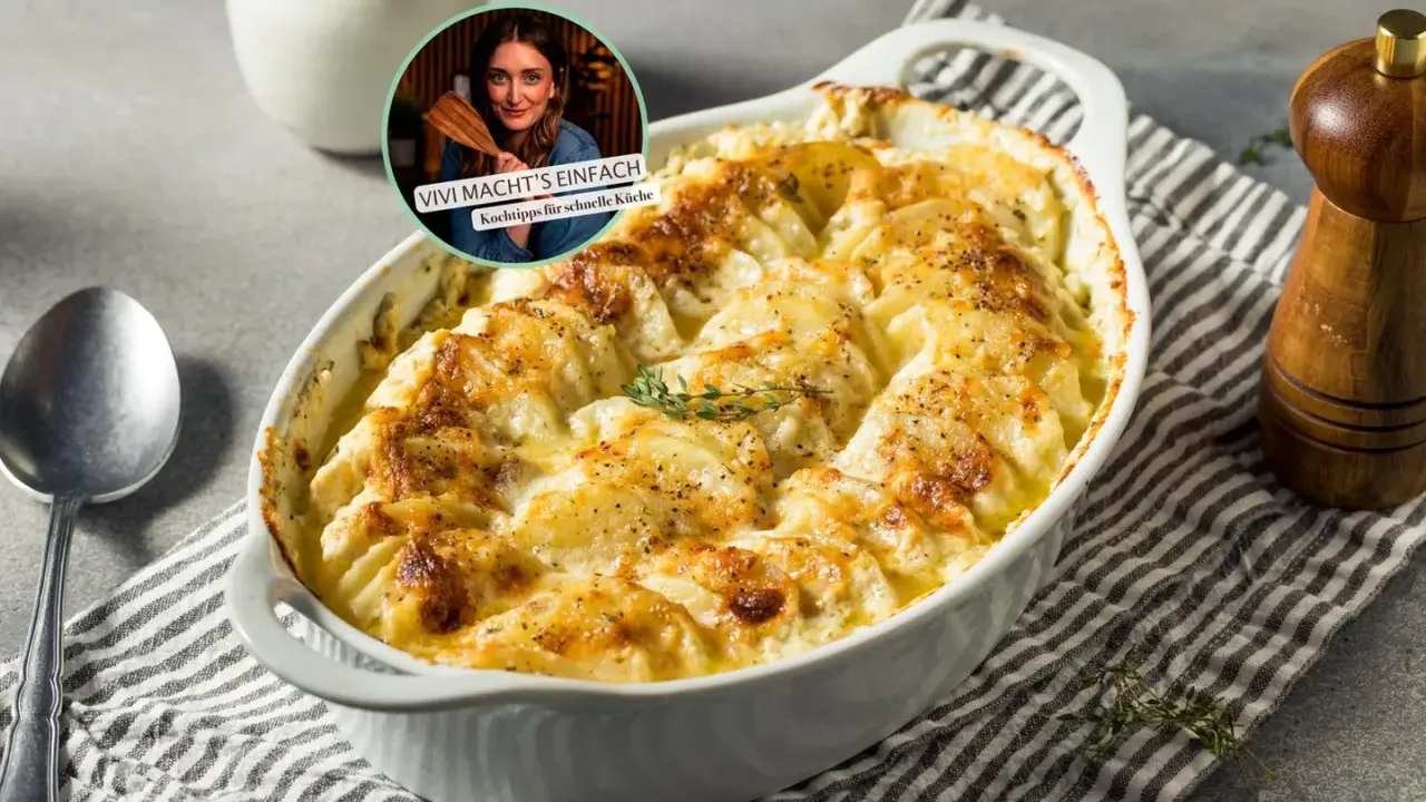 Herzhaftes Kartoffelgratin aus rohen Kartoffeln, goldbraun gebacken. Perfekt für schnelle Küche, wie Vivi zeigt.