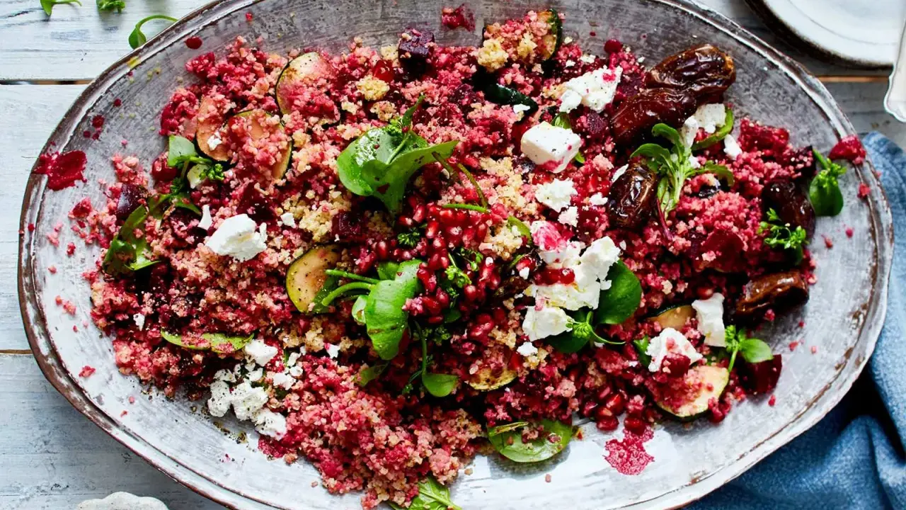 Rote Bete Bulgur Salat mit Granatapfelkernen, Feigen, Feta und frischen Kräutern auf einem ovalen Teller.