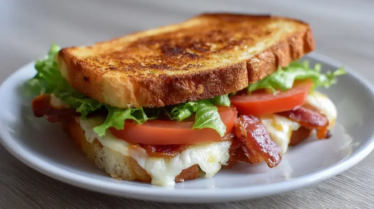 Knuspriges Sandwich im Airfryer mit geschmolzenem Käse, knackigem Speck, frischem Salat und Tomaten. Perfekt für eine schnelle Mahlzeit!