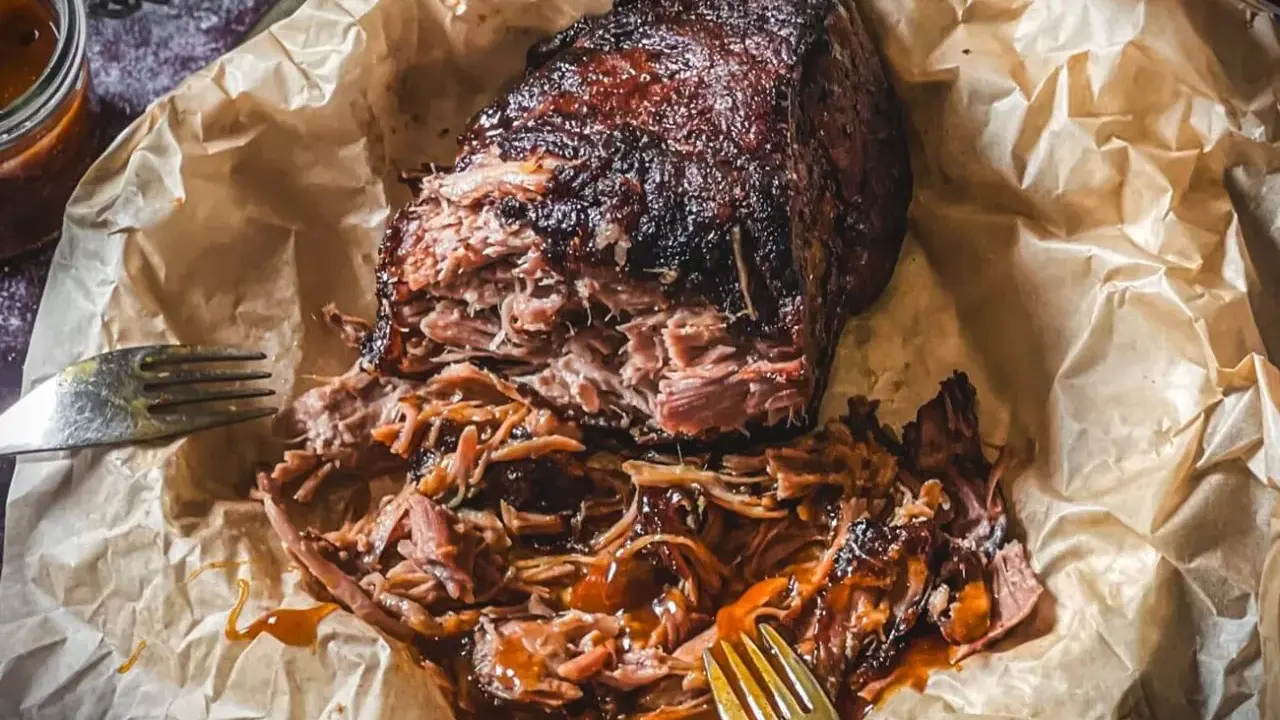 Saftiges pulled pork, zart zerfallen, mit BBQ-Sauce übergossen, auf Backpapier mit Gabeln.