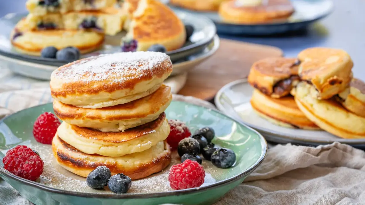 Fluffige Buttermilch Pancakes, mit Puderzucker bestäubt und garniert mit frischen Beeren. Ein Genuss für jeden Morgen!