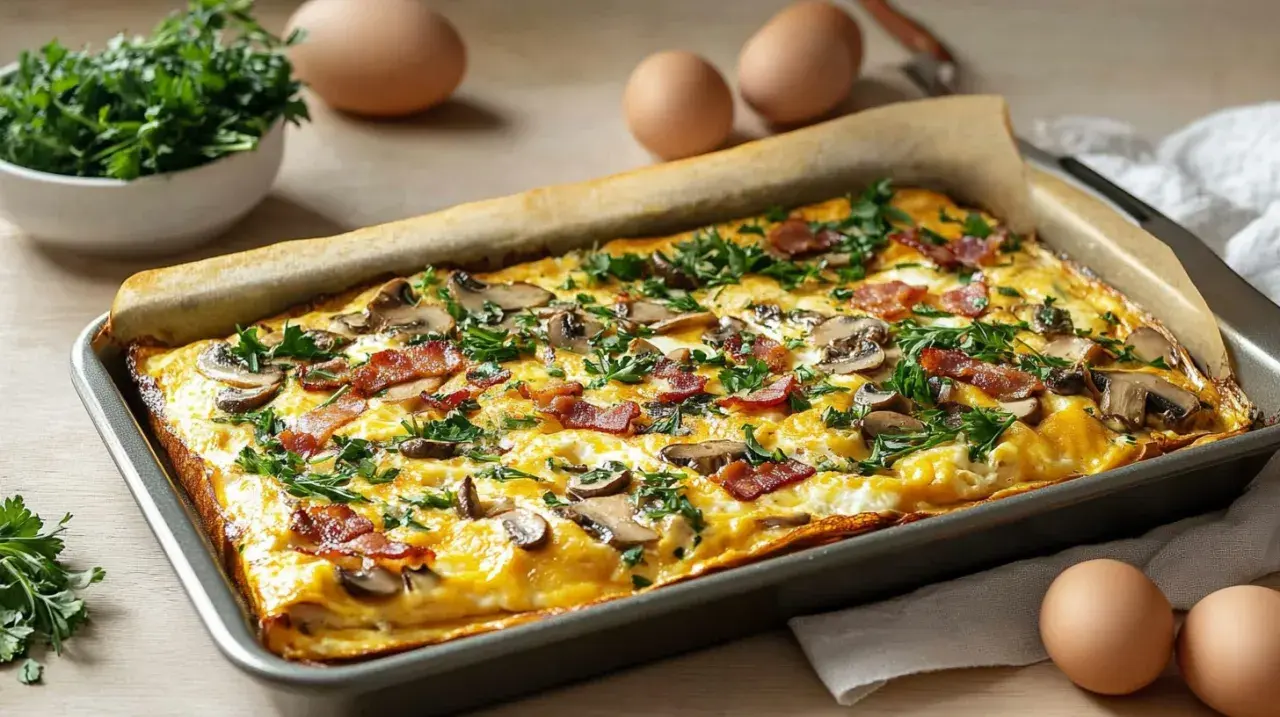 Herzhaftes Omelett auf dem Backblech mit Pilzen, Speck und Petersilie. Ein köstliches Gericht, das Lust auf mehr macht.