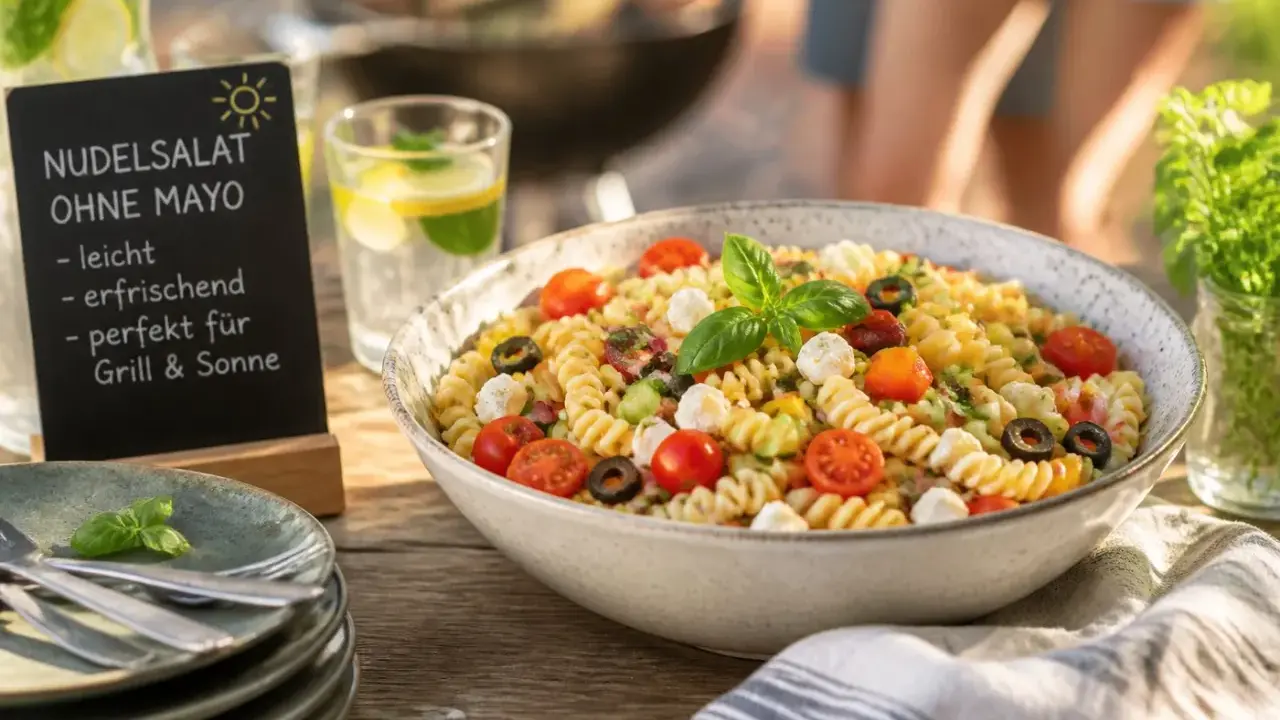 Leckerer Nudelsalat ohne Mayo mit Tomaten, Mozzarella und Oliven. Perfekt für Grill & Sonne!