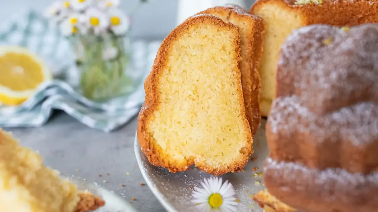 Saftiger Omas Joghurt Kuchen, mit Puderzucker bestäubt und Zitronenschale garniert. Ein Stück davon liegt auf einer Gabel.