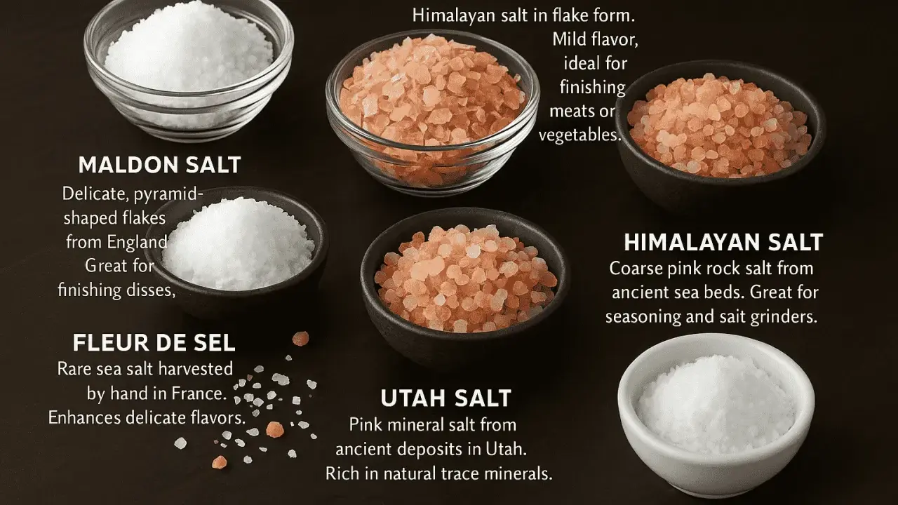 Fleur de Sel: sel de mer aus Frankreich, handgeerntet, verfeinert zarte Aromen. Daneben Maldon, Himalaya & Utah Salz.