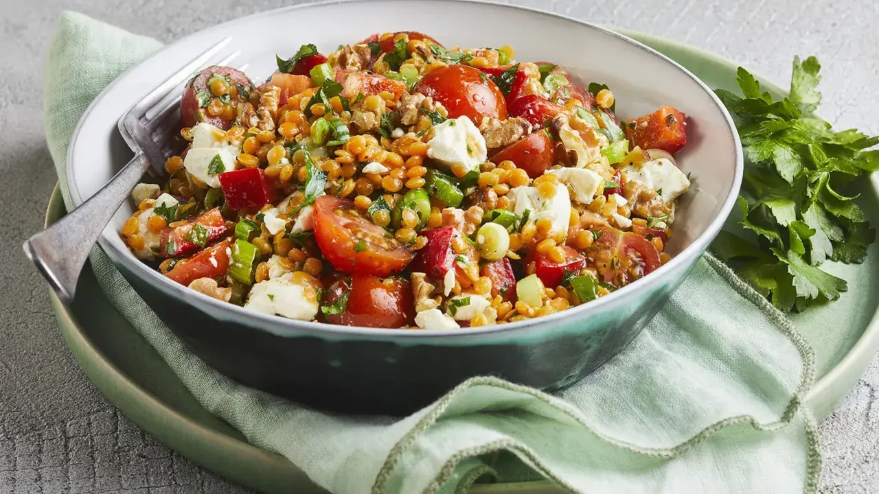 Ein bunter, gesunder rote Linsen Salat mit Tomaten, Feta und Nüssen, appetitlich in einer Schüssel serviert.