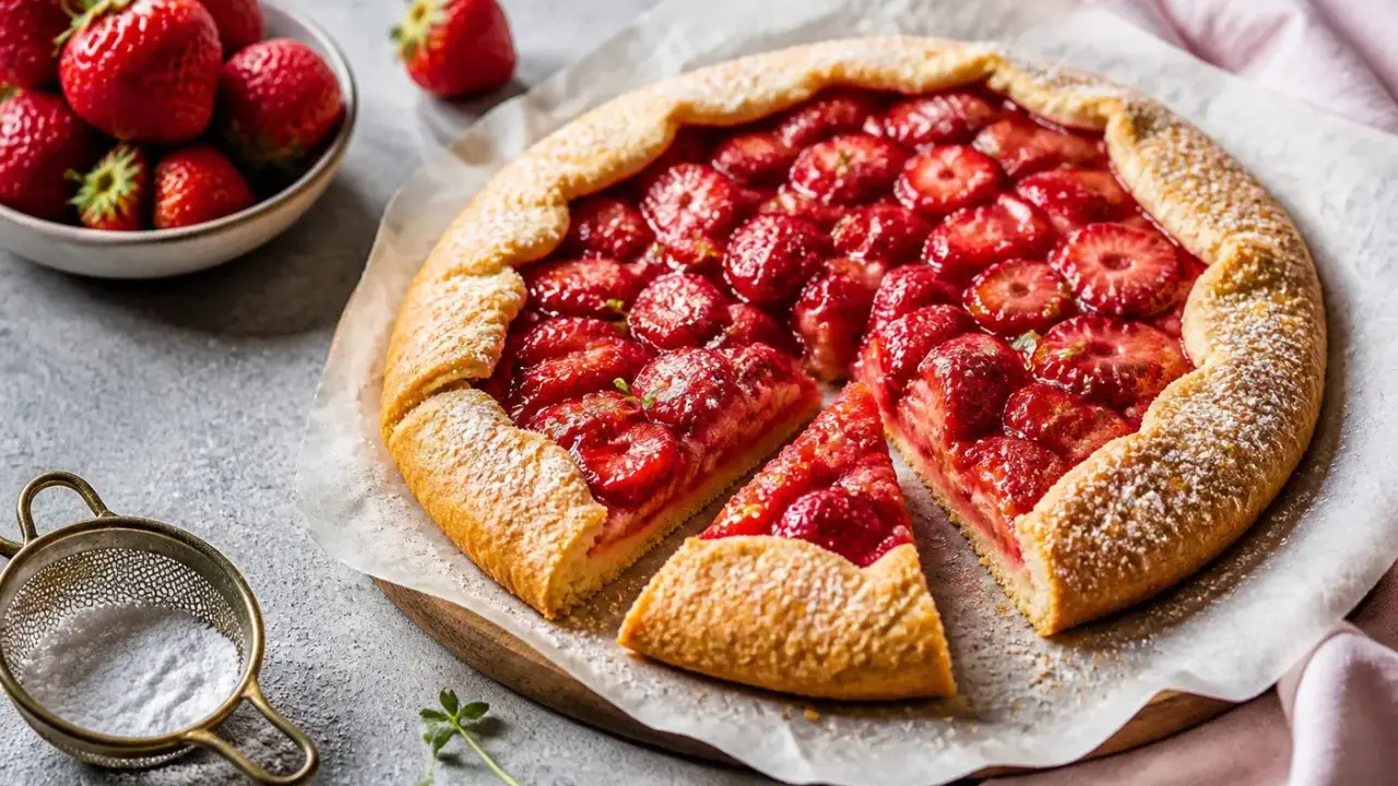 Saftige Erdbeer-Galette, perfekt für jedes galette rezept. Mit frischen Erdbeeren und knusprigem Teig, bestäubt mit Puderzucker.