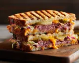 Ein saftiges Pastrami-Sandwich mit geschmolzenem Käse, knackigem Krautsalat und Gurkenscheiben auf geröstetem Brot.