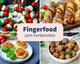 Vier Arten von schnellem Fingerfood: Caprese-Spieße, herzhafte Teigschnecken, Hackbällchen und Blätterteigstangen mit Mohn und Sesam.