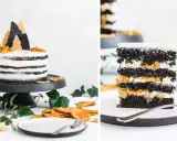 Schwarzer Sesam-Kuchen mit weißer Creme und Fruchtfüllung, inspiriert von schwarzen Sesam Rezepten. Ein Stück des Kuchens zeigt die Schichten.