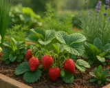 Reife Erdbeeren im Beet, umgeben von Salat, Kräutern und Lavendel. Was passt zu Erdbeeren? Vieles, aber am besten schmecken sie frisch vom Feld!