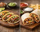 Links: Tacos mit Hackfleisch, Tomaten, Zwiebeln und Koriander. Rechts: Ein Burrito, gefüllt mit Reis, Bohnen und Fleisch. Der fajitas burrito unterschied ist klar.