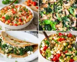 Vier leckere Gerichte: Couscous-Salat, Nudelpfanne mit Pilzen, gefüllter Crêpe und Kichererbsensalat. Was koche ich heute?