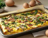 Herzhaftes Omelett auf dem Backblech mit Pilzen, Speck und Petersilie. Ein köstliches Gericht, das Lust auf mehr macht.