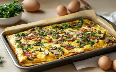 Herzhaftes Omelett auf dem Backblech mit Pilzen, Speck und Petersilie. Ein köstliches Gericht, das Lust auf mehr macht.