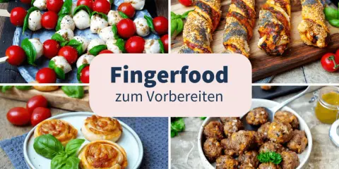 Vier Arten von schnellem Fingerfood: Caprese-Spieße, herzhafte Teigschnecken, Hackbällchen und Blätterteigstangen mit Mohn und Sesam.