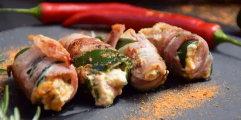 Gefüllte Jalapeños, umwickelt mit Speck, sind ein köstlicher Snack. Was sind Jalapeños? Kleine, grüne Chilis mit moderater Schärfe.