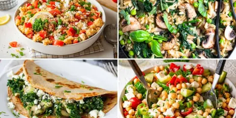 Vier leckere Gerichte: Couscous-Salat, Nudelpfanne mit Pilzen, gefüllter Crêpe und Kichererbsensalat. Was koche ich heute?