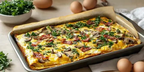 Herzhaftes Omelett auf dem Backblech mit Pilzen, Speck und Petersilie. Ein köstliches Gericht, das Lust auf mehr macht.