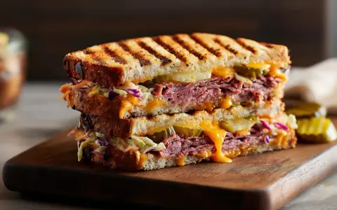 Ein saftiges Pastrami-Sandwich mit geschmolzenem Käse, knackigem Krautsalat und Gurkenscheiben auf geröstetem Brot.
