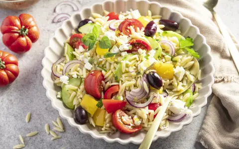 Ein bunter, schneller Kritharaki-Salat mit Tomaten, Gurken, Paprika, roten Zwiebeln, Oliven und Feta.
