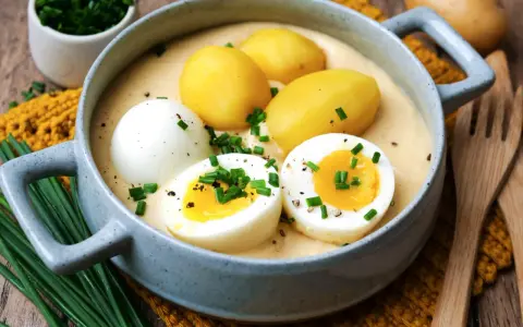 Senfeier rezept: Herzhaftes Gericht mit pochierten Eiern, Kartoffeln und cremiger Senfsauce, garniert mit Schnittlauch.