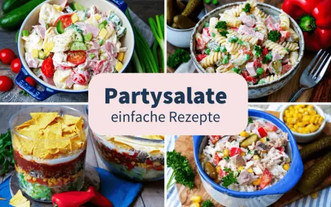 Die besten Salate zur Party: Cremige Nudel- und Kartoffelsalate, ein Schichtsalat mit Tortilla-Chips und ein herzhafter Reis-Salat. Einfache Rezepte für jeden Anlass.
