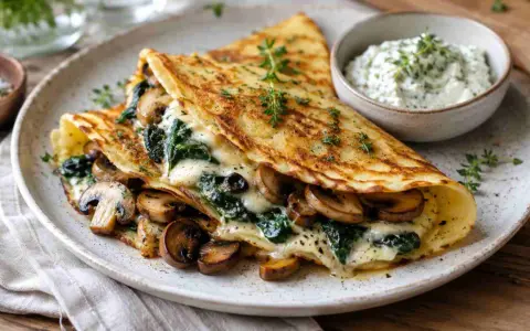 Herzhafte Pfannkuchen gefüllt mit Pilzen und Spinat, überbacken mit Käse, serviert mit Kräuterquark.