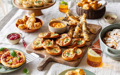 Herzhafte Snacks: Brezeln mit Käse und Speck, Mini-Pizzen, Blätterteigstangen und kleine Quiches laden zum Genießen ein.