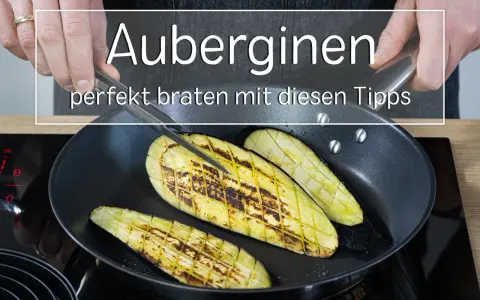 Auberginen-Scheiben werden in der Pfanne gebraten. Perfekt für einfache Auberginen Rezepte aus der Pfanne.