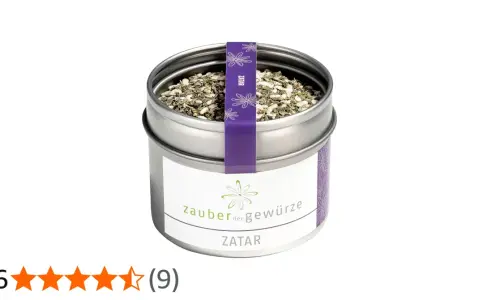 Dose mit Gewürzmischung Zatar, die aus Kräutern und Samen besteht.