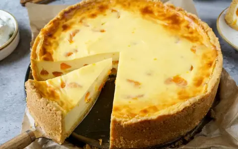 Ein saftiger Mandarinen Schmand Kuchen mit einem knusprigen Boden und cremiger Füllung, ein Stück wurde bereits herausgeschnitten.