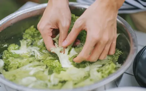 Hände waschen knackigen Salat in einer Schüssel. So lässt sich ein guter Salat gut vorbereiten.
