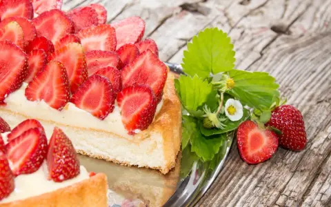 Ein köstlicher Erdbeerkuchen mit frischen Erdbeeren und Sahne auf einem Silbertablett. Perfekt für ein Erdbeerkuchen Rezept.