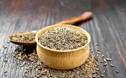 Ein Holzlöffel und eine Schale sind gefüllt mit Kümmelsamen. Was ist Kümmel? Ein beliebtes Gewürz für Brot und deftige Gerichte.