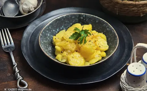 Ein köstlicher Kartoffelsalat, perfekt für jedes Kartoffelsalat Rezept. Mit frischer Petersilie garniert, wartet er darauf, genossen zu werden.